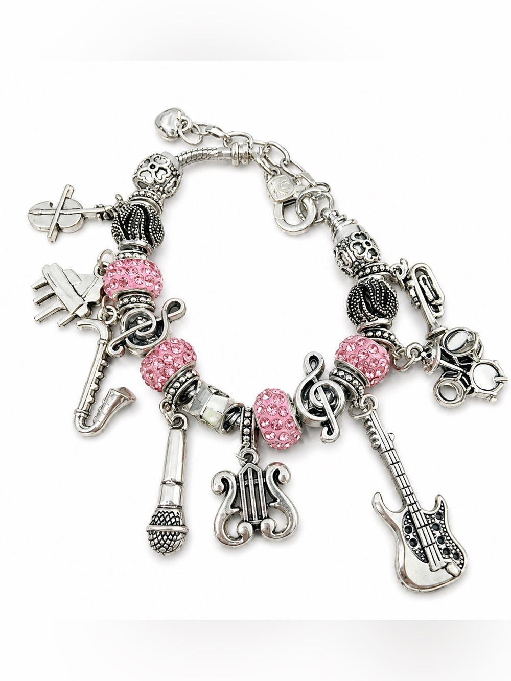 Silver-Tone Pink Crystal Music Charm Bracelet